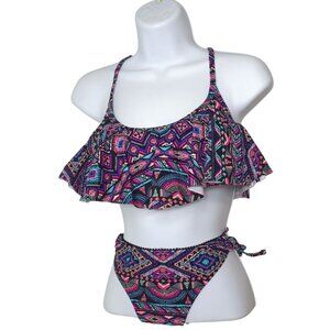 Womens Bikini S/M Aztec Print Ruffled Strappy Back High Waist Bottoms Two-Piece